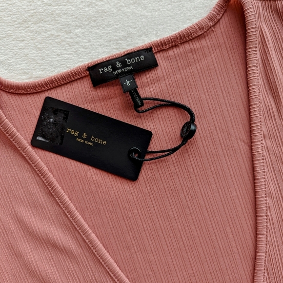 rag & bone Zoe Top Deep Vee Long Sleeve Ribbed Crepe Fitted Mauve L NWT - Picture 14 of 14